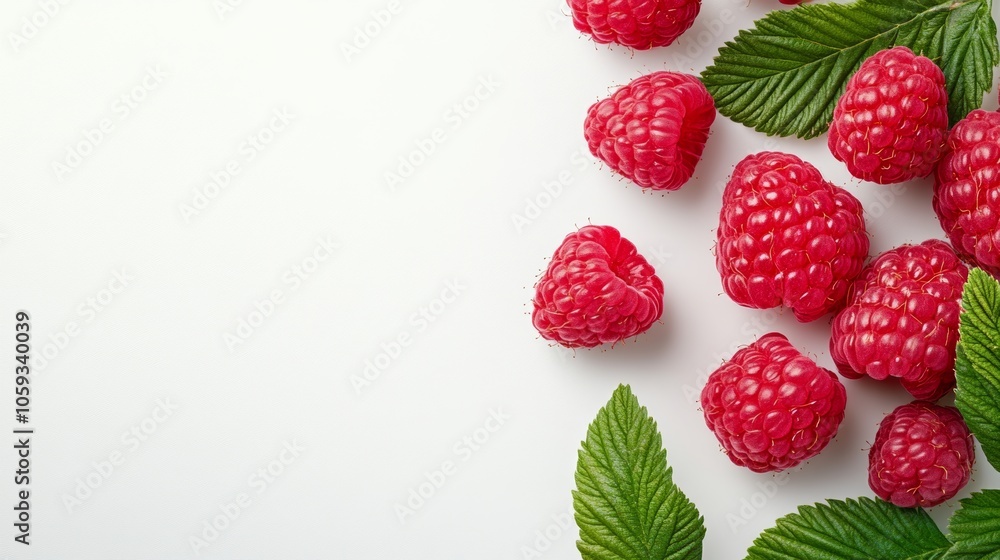 Fresh Raspberries with Green Leaves on White Background Food Photography Fresh Raspberries with Green Leaves on White Background Food Photography