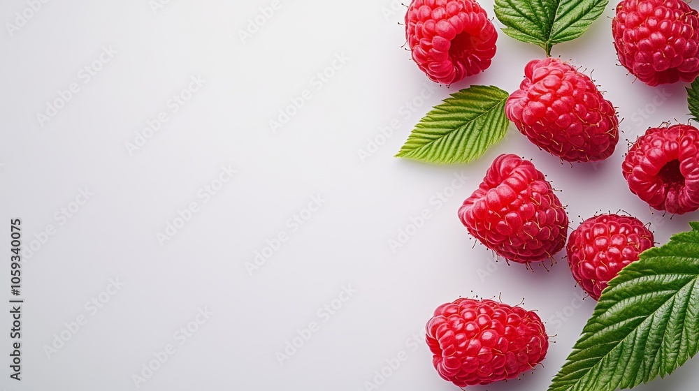Fresh Red Raspberries and Green Leaves on White Background Food Photography Fresh Red Raspberries and Green Leaves on White Background Food Photography