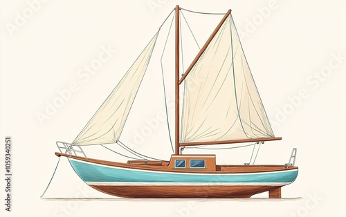 A classic wooden sailboat with white sails anchored in calm waters, highlighting craftsmanship in a serene coastal environment