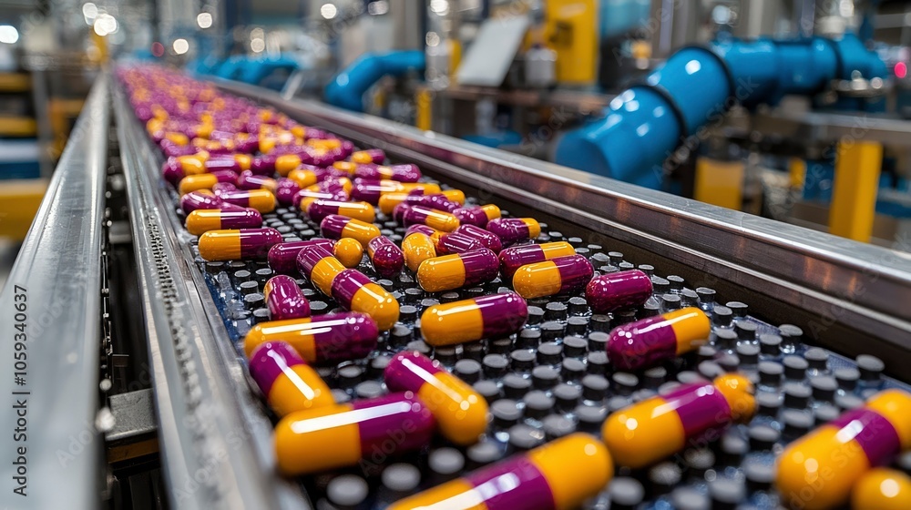 Yellow and Purple Capsules Moving on a Conveyor Belt in a Pharmaceutical Factory Yellow and Purple Capsules Moving on a Conveyor Belt in a Pharmaceutical Factory