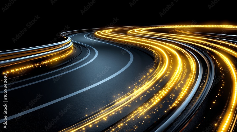 Abstract Golden Light Trails on Curved Road Futuristic Technology Background Abstract Golden Light Trails on Curved Road Futuristic Technology Background