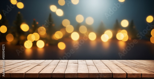 Pristine wooden surface with festive golden bokeh background; perfect for holiday product placements or festive promotions.