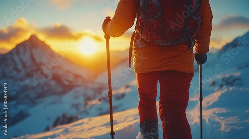 A lone hiker enjoys the breathtaking sunset against the snowy peaks of the Alps, equipped with trekking poles. The scene captures the serenity of winter. photo