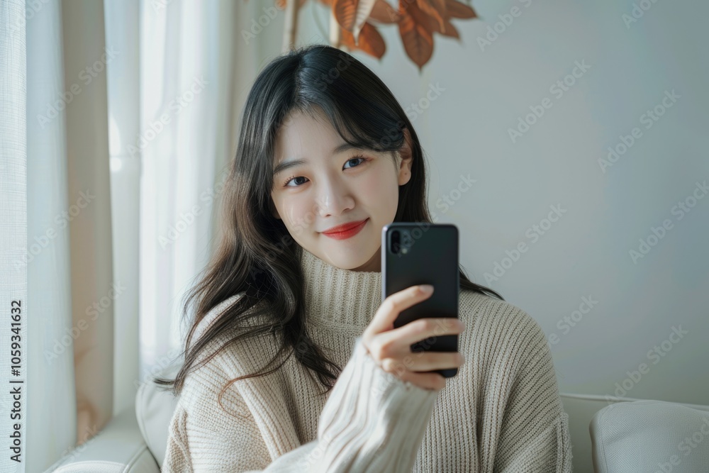 Portrait of confident young Asian woman holding mobile phone with smiling face Portrait of confident young Asian woman holding mobile phone with smiling face