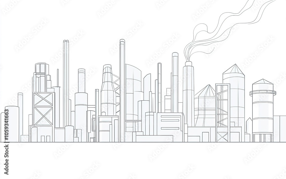 A detailed industrial skyline featuring various factories and smokestacks against a clear background during daylight hours A detailed industrial skyline featuring various factories and smokestacks against a clear background during daylight hours