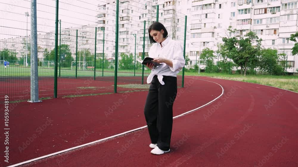 A woman walking on a red treadmill in a park near residential buildings with a book in her hands. Great for city life and outdoor themes. A woman walking on a red treadmill in a park near residential buildings with a book in her hands. Great for city life and outdoor themes.