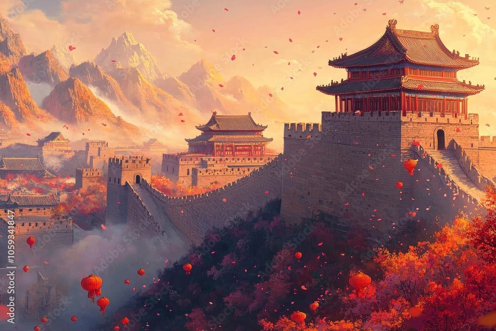 Obraz premium imagineA stunning thumbnail depicting the essence of China. Show iconic landmarks such as the Great Wall of China stretching across the mountains, with generative ai