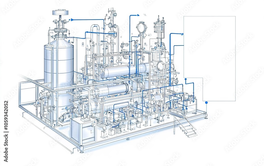 Detailed diagram of an industrial processing system showcasing various components and connections in a manufacturing facility setting Detailed diagram of an industrial processing system showcasing various components and connections in a manufacturing facility setting