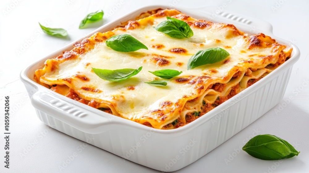 Delicious Homemade Lasagna with Melted Cheese and Basil Garnish Delicious Homemade Lasagna with Melted Cheese and Basil Garnish