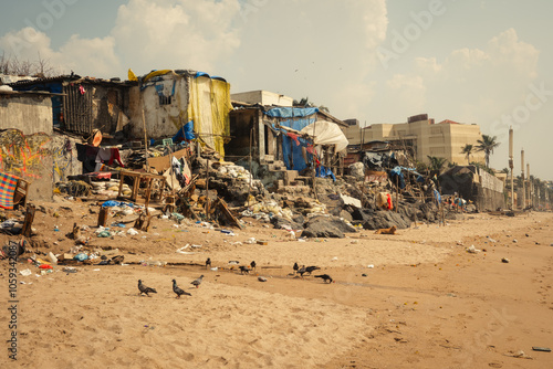 Slum area on the beach in the Mumbai, India