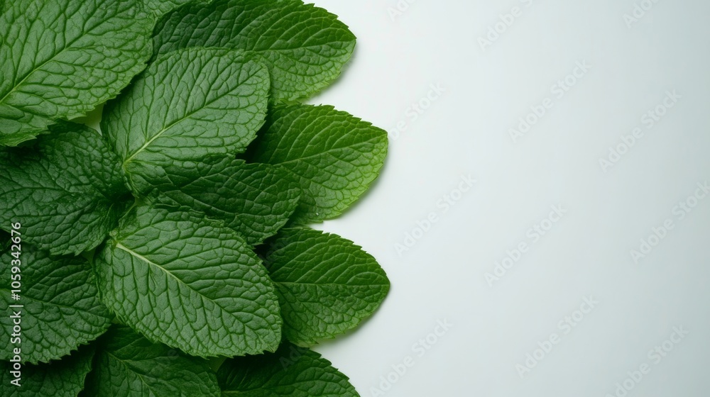 Fresh Mint Leaves Border on White Background Fresh Mint Leaves Border on White Background