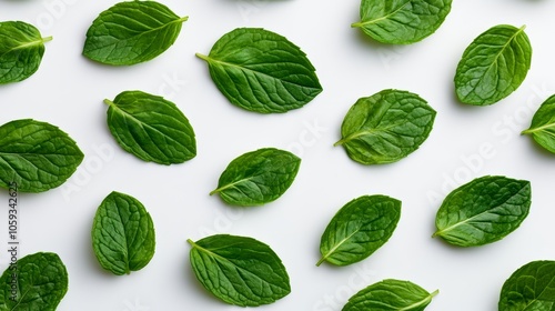 Fresh Green Mint Leaves Pattern on White Background   Minimalist Botanical Design