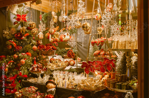 Christmas time, authentic decoration market in Vienna, Austria. Traditional Viennese culture. Selective focus on colorful scene.