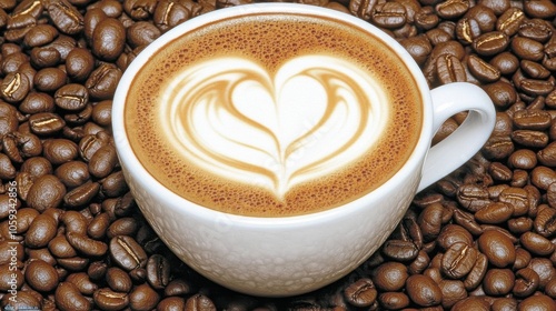 Heart-shaped latte art in white cup surrounded by coffee beans