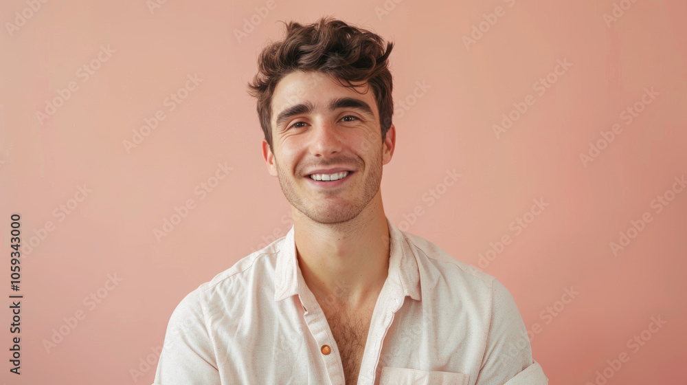 Cheerful Young Man in Casual Attire Against Soft Pink Background for Relaxed Portrait