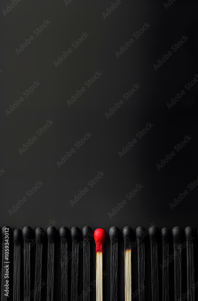 Row of burnt matches with one exception, the lone survivor
Row of burnt matches with one exception, the lone survivor