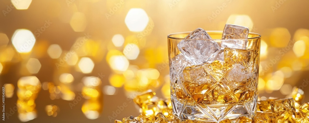A luxurious cocktail glass with gold accents and ice cubes, reflecting a warm, golden light. A luxurious cocktail glass with gold accents and ice cubes, reflecting a warm, golden light.