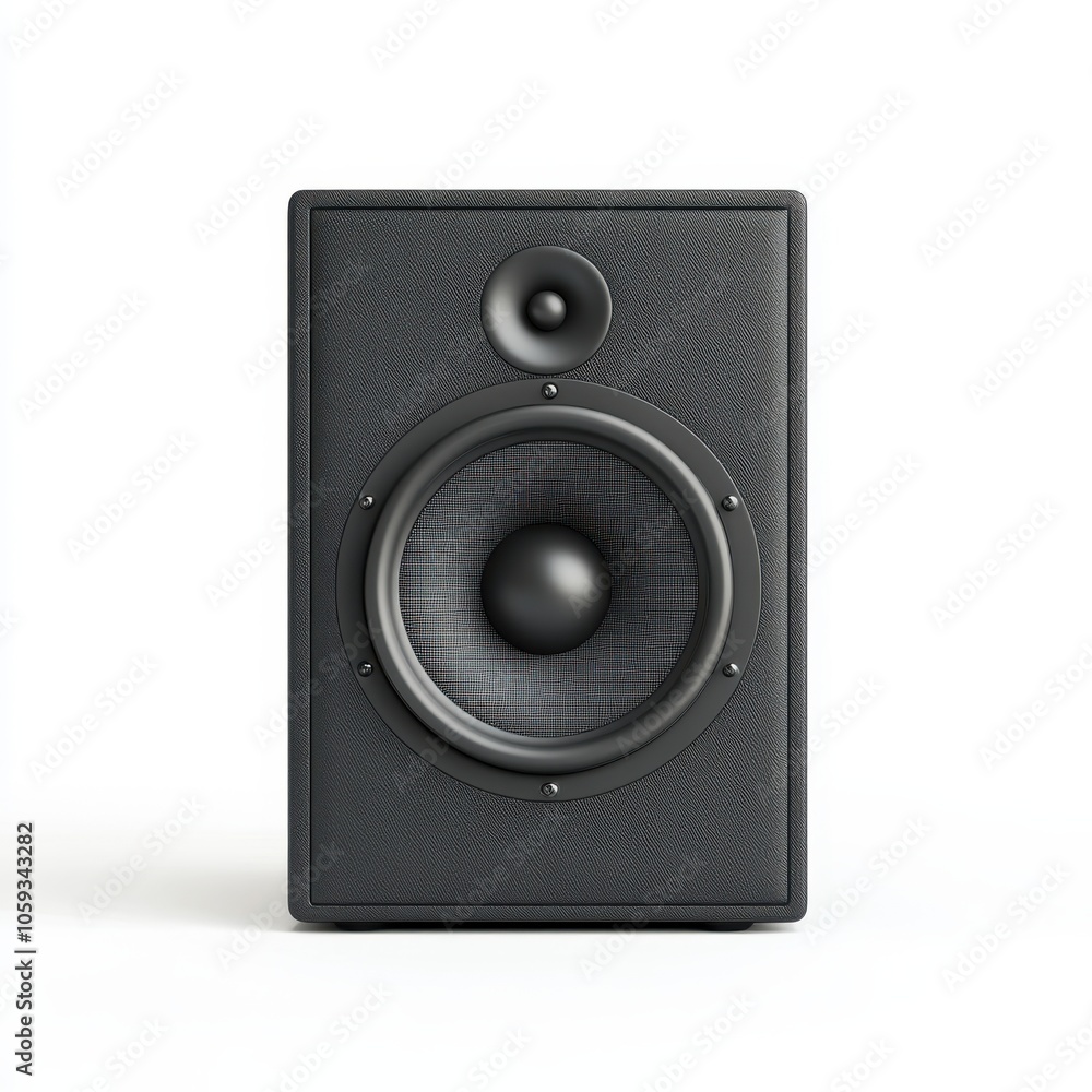 A sleek black speaker with a textured finish, featuring a prominent speaker cone at the center, perfect for audio enthusiasts. A sleek black speaker with a textured finish, featuring a prominent speaker cone at the center, perfect for audio enthusiasts.