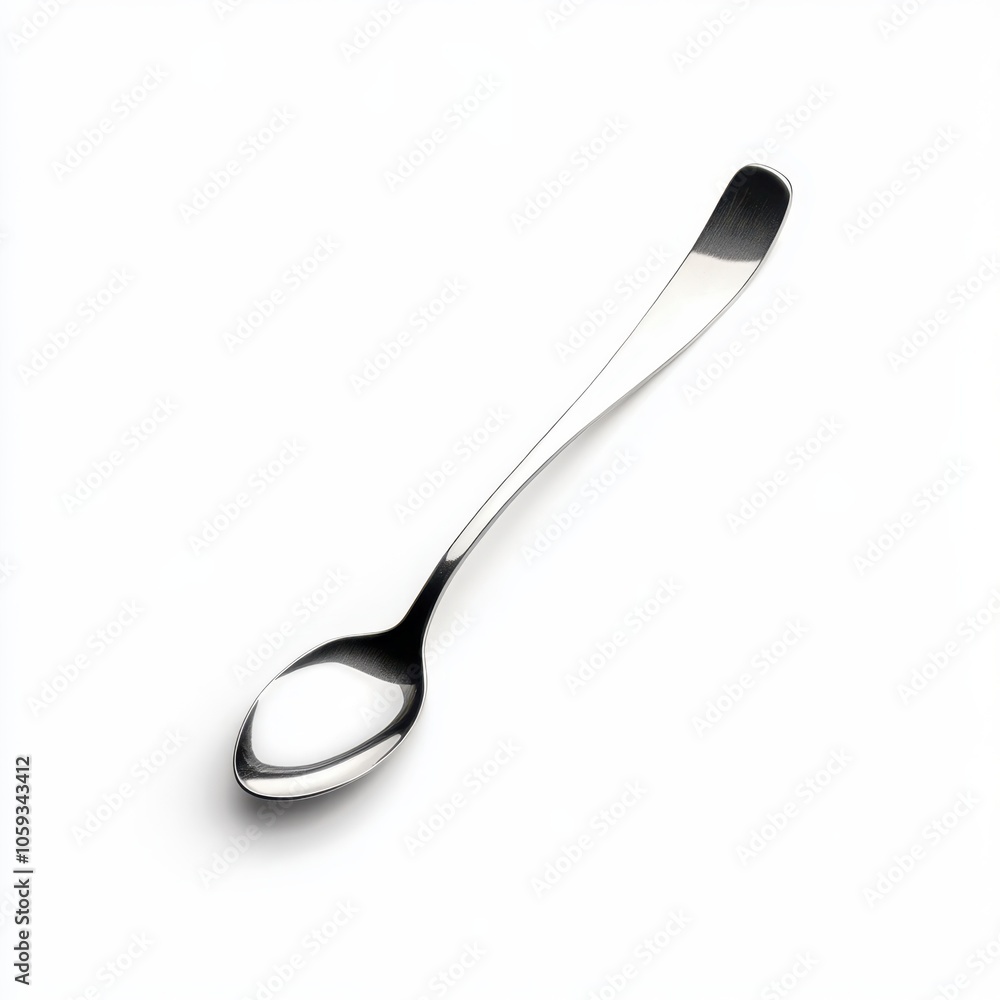 A sleek, shiny spoon placed on a minimalist white background, showcasing its elegant design and reflecting light. A sleek, shiny spoon placed on a minimalist white background, showcasing its elegant design and reflecting light.