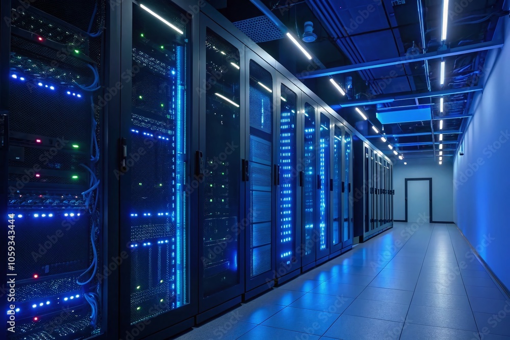 Futuristic Neon Blue Server Room with Blinking Lights Powering the Digital World Futuristic Neon Blue Server Room with Blinking Lights Powering the Digital World