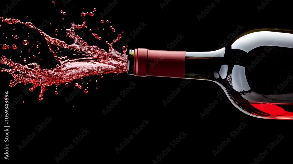 Fototapeta premium Red Wine Splashing from Bottle on Black Background