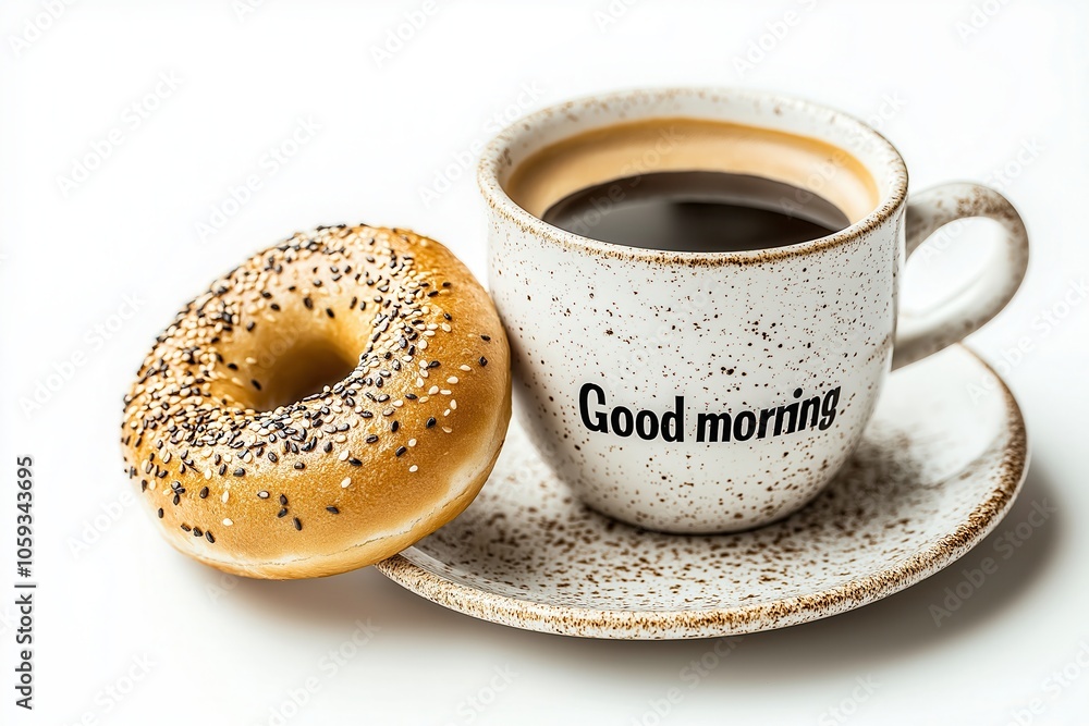 a cup of coffee and a bagel with the inscription a cup of coffee and a bagel with the inscription