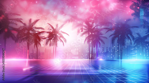Vaporwave Aesthetic City Scene with Palm Trees