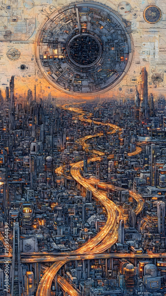 A futuristic city with a large, mechanical eye in the sky and a winding road running through the center. A futuristic city with a large, mechanical eye in the sky and a winding road running through the center.