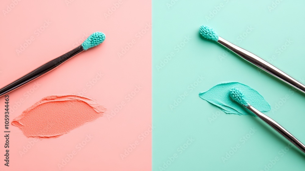 Minimalist Makeup Brushes and Swatch on Pink and Teal Background