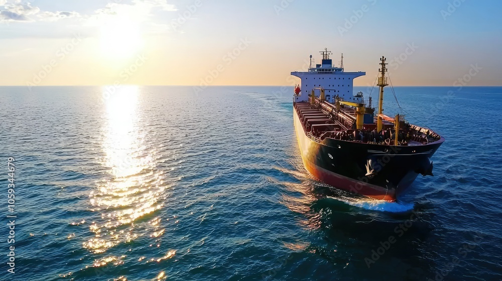 Obraz premium Large cargo vessel anchored offshore under a beautiful sunset on calm waters