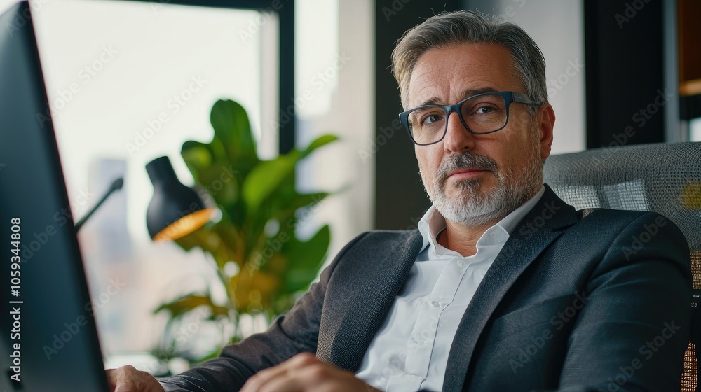 Professional middle-aged businessman engaged in a video call in modern office setting Professional middle-aged businessman engaged in a video call in modern office setting