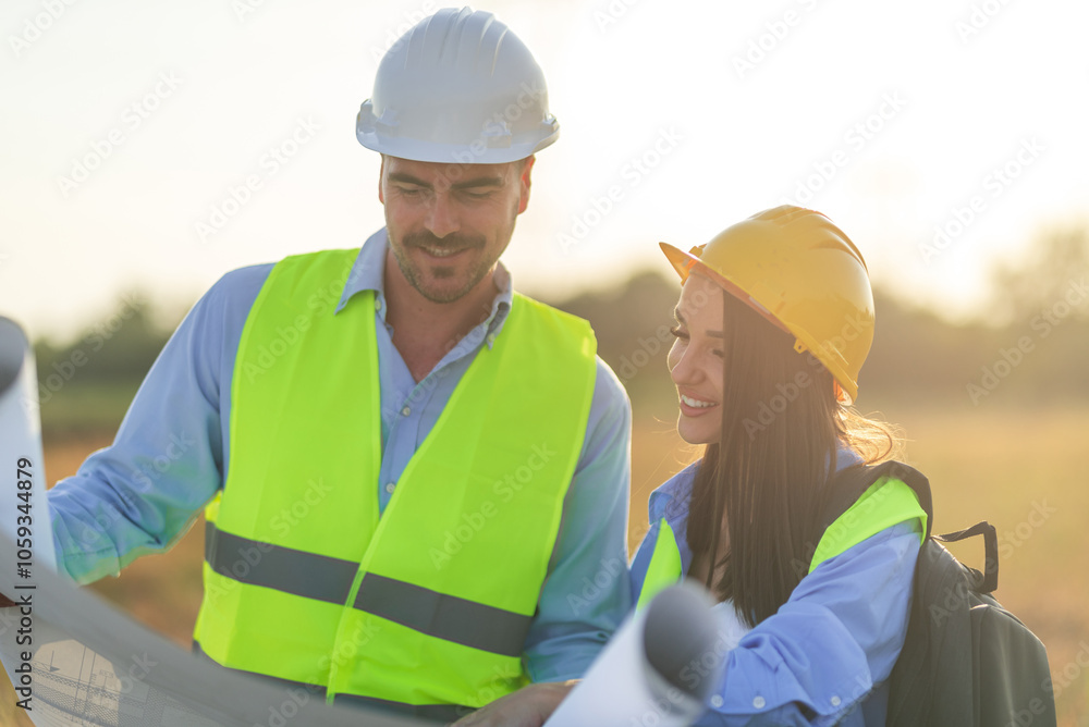 Construction workers reviewing blueprints at sunset Construction workers reviewing blueprints at sunset