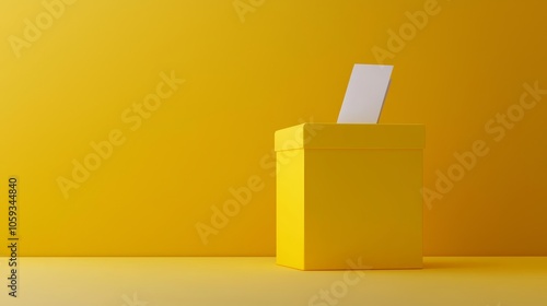 Bright yellow ballot box with a clear 'VOTE' sign, a checked ballot being inserted, emphasizing accessible and straightforward voting.
