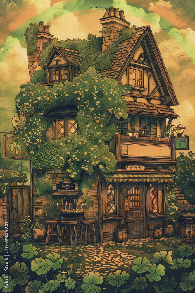 Fototapeta premium Rustic St. Patrick's Day Card Design Featuring Vintage Irish Tavern with Clovers and Rainbow
