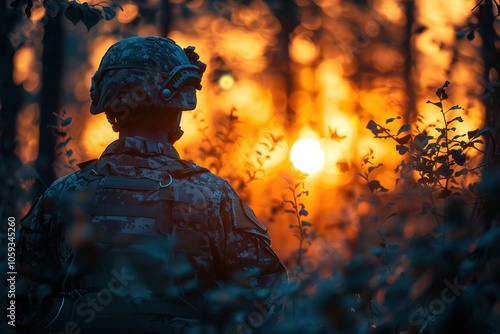 Soldier wearing a helmet in camouflage with night vision device in the forest at dawn