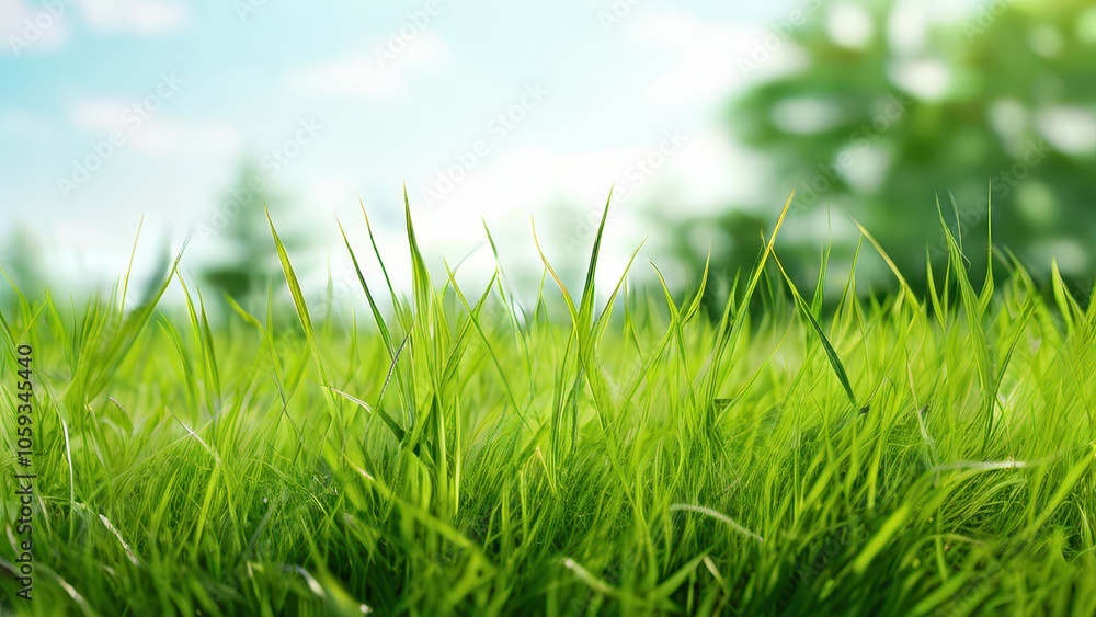 Fototapeta premium Lush green grass in a bright landscape with soft clouds and trees in the background.