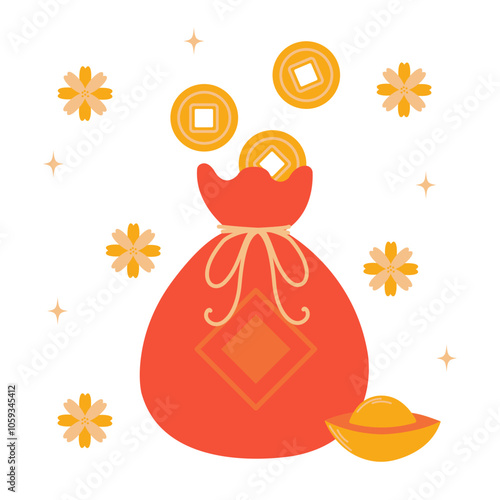 Chinese money bag with a lot of gold coins. Spring festival, lunar new year, Chinese new year concept. Flat vector illustration.