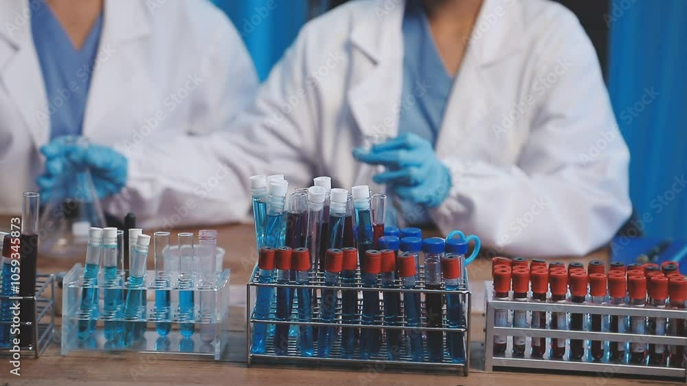 Biochemistry, scientist pipetting a sample into a test tube during an experiment in the lab. Biochemistry, scientist pipetting a sample into a test tube during an experiment in the lab.