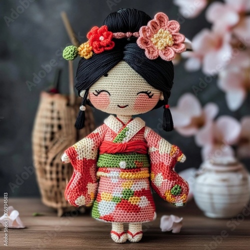 Nice cute japanese crocheted doll girl nation dress ethnic art decor toy handmade craft 