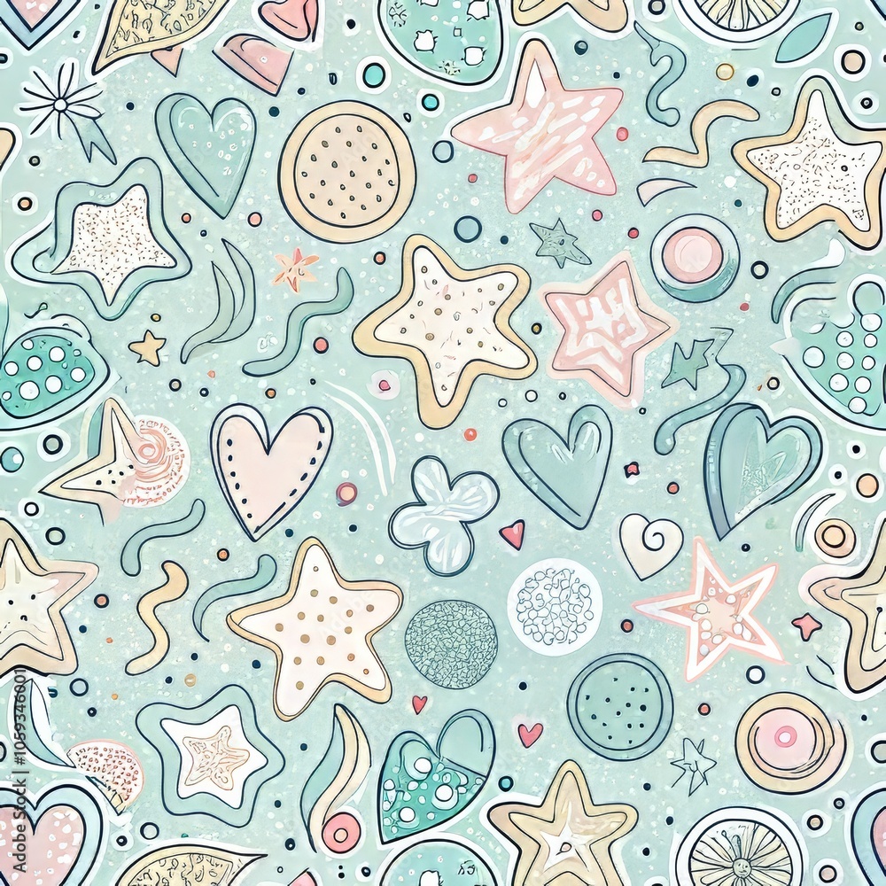 Playful pastel pattern featuring hearts, stars, dots, and abstract shapes Playful pastel pattern featuring hearts, stars, dots, and abstract shapes