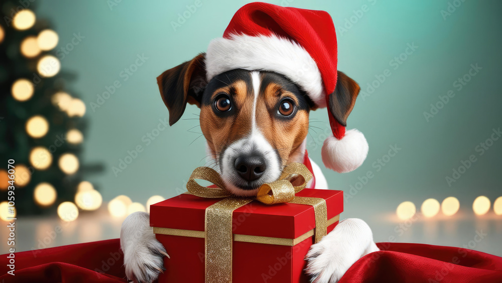 Cute dog wearing a Santa hat with a gift on Christmas, festive background. Cute dog wearing a Santa hat with a gift on Christmas, festive background.