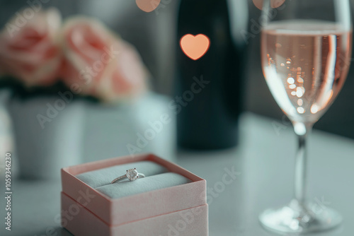 An engagement ring and two glasses with rose sparkling wine. Proposal with diamond ring. Valentine's day, romantic wedding invitation, love greeting card. Dating, falling in love, wedding celebration photo