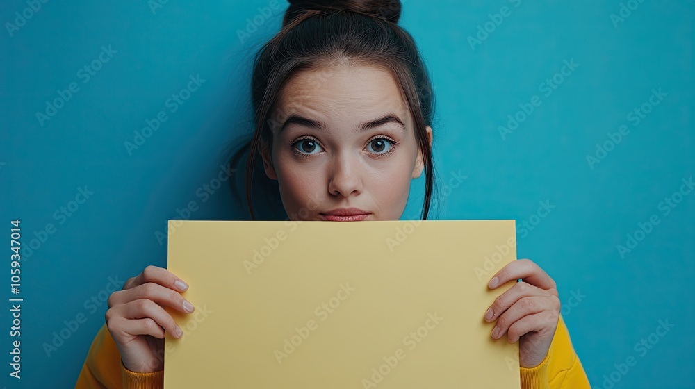 Photo of young promoter, funky girl hiding behind poster offering deal, high profit financial investment, startup isolated on blue. Photo of young promoter, funky girl hiding behind poster offering deal, high profit financial investment, startup isolated on blue.