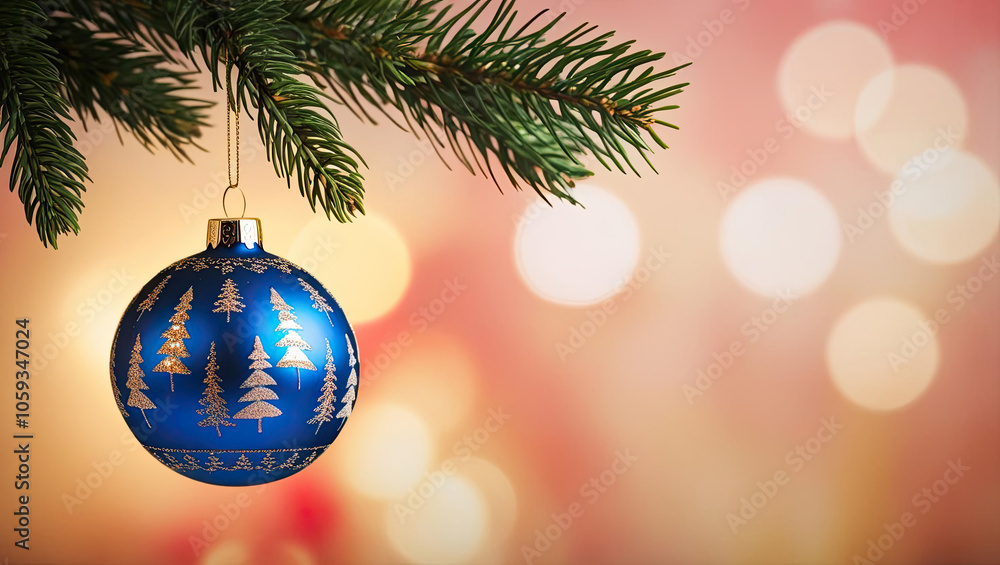 Elegant blue Christmas ornament hanging on a pine branch, blurred festive background. Elegant blue Christmas ornament hanging on a pine branch, blurred festive background.