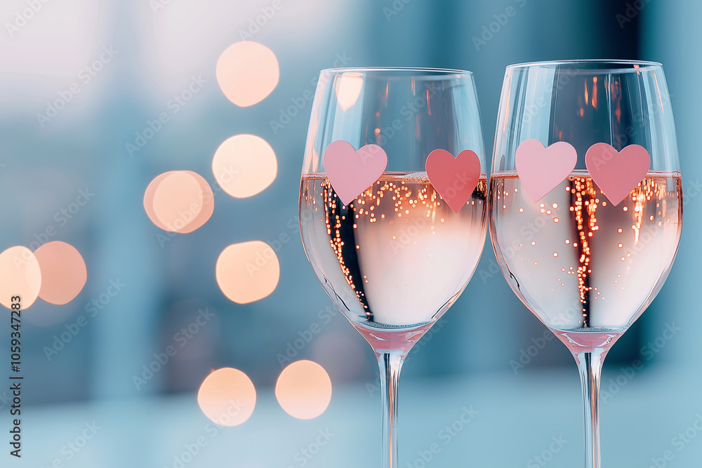 Two glasses with rose sparkling wine and hearts confetti fallen around. Valentine's day, romantic wedding invitation, love greeting card. Dating, falling in love, birthday, winter wedding celebration Two glasses with rose sparkling wine and hearts confetti fallen around. Valentine's day, romantic wedding invitation, love greeting card. Dating, falling in love, birthday, winter wedding celebration