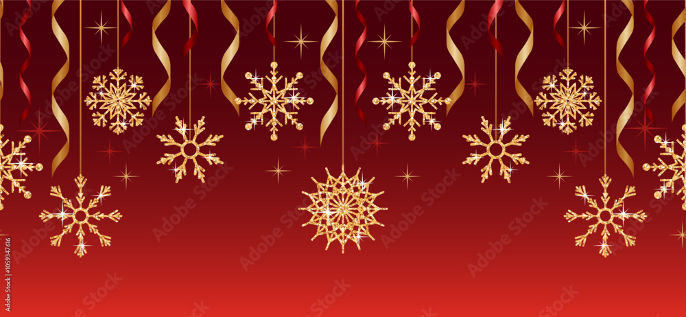 A seamless border of unique gold snowflakes, creating a whimsical winter atmosphere. Perfect for festive designs, textiles, and holiday-themed projects, including ads and flyers. A seamless border of unique gold snowflakes, creating a whimsical winter atmosphere. Perfect for festive designs, textiles, and holiday-themed projects, including ads and flyers.