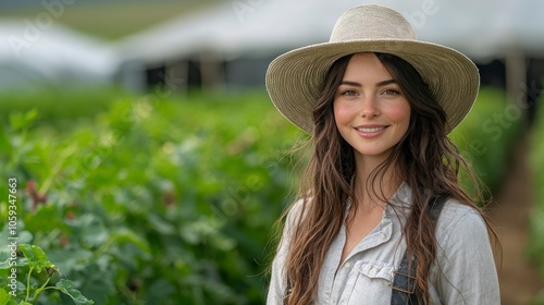 Portrait of a Smiling Woman Wearing a Straw Hat in a Green Field