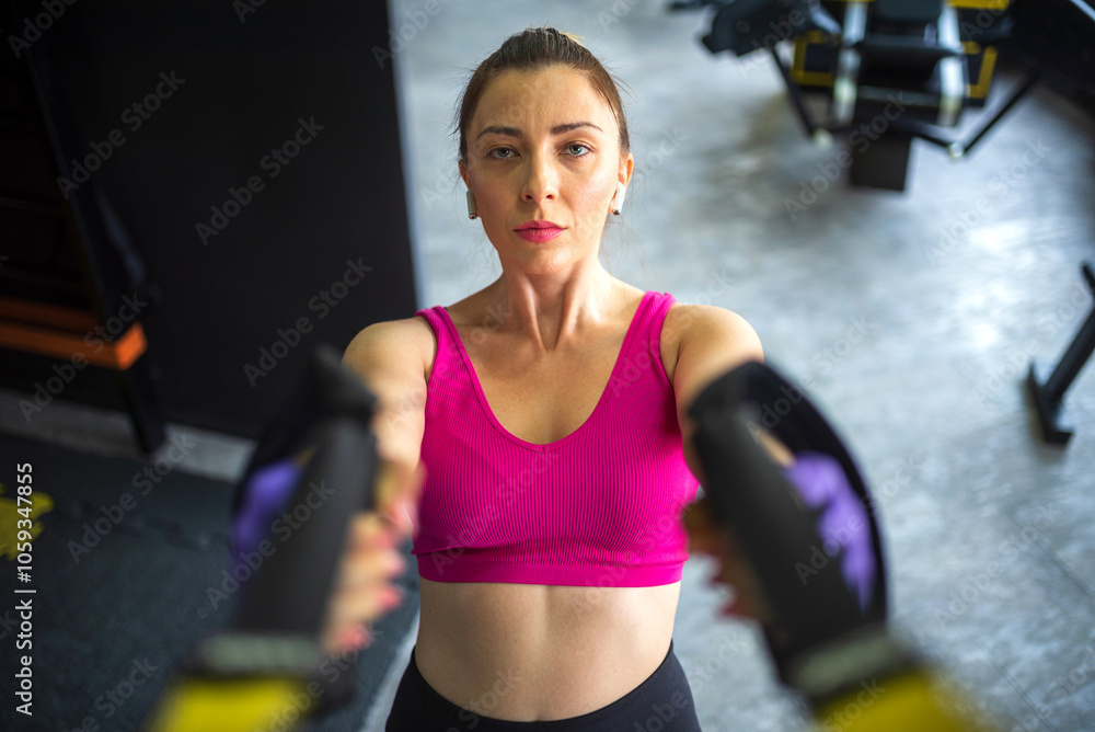 Fototapeta premium Athletic woman doing suspension training exercise for her back muscles