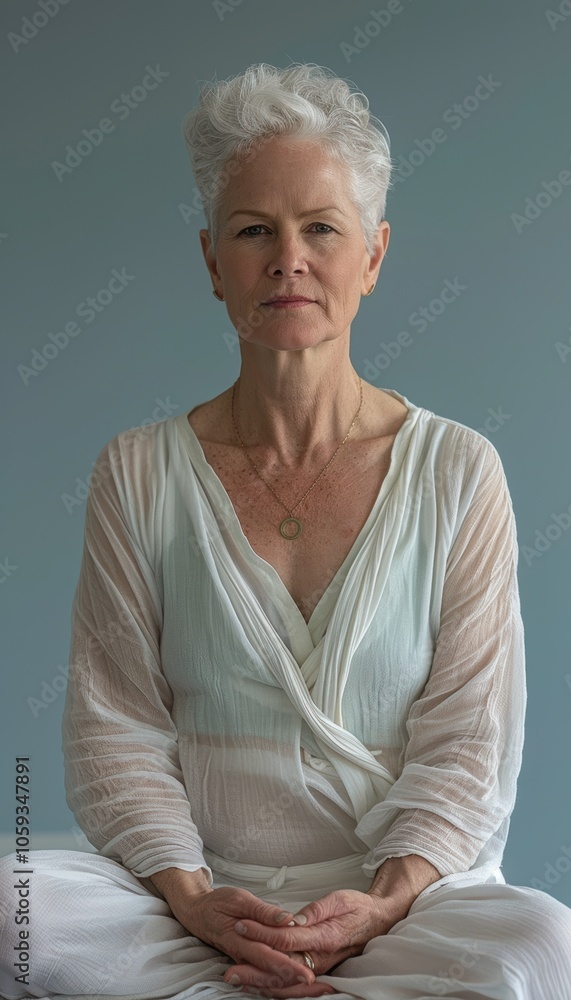 Peaceful Middle-Aged Yoga Instructor in Light Flowing Attire Against Pastel Blue Backdrop Peaceful Middle-Aged Yoga Instructor in Light Flowing Attire Against Pastel Blue Backdrop