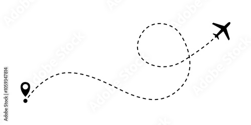 Airplane line path vector icon of air plane flight route with start point and dash line trace. Eps 10.